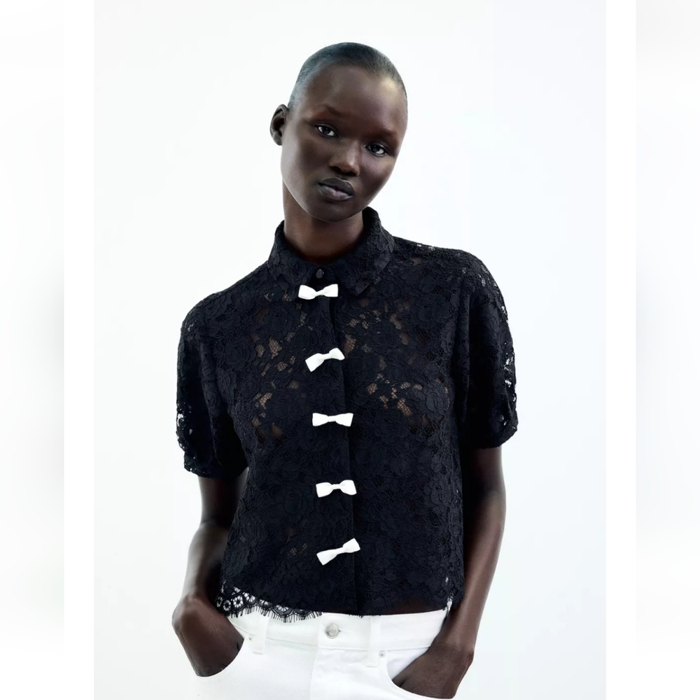 Zara Black Lace Blouse with White Bow Details